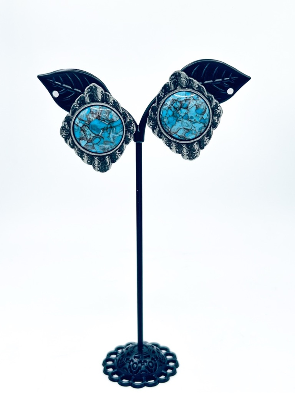 Vintage-Style Faux Turquoise Statement Earrings – Gunmetal Silver Settings